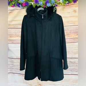 Sachi Collection Women’s Black Lambswool Full Zip Fur Trim Hood Pea Coat Size L